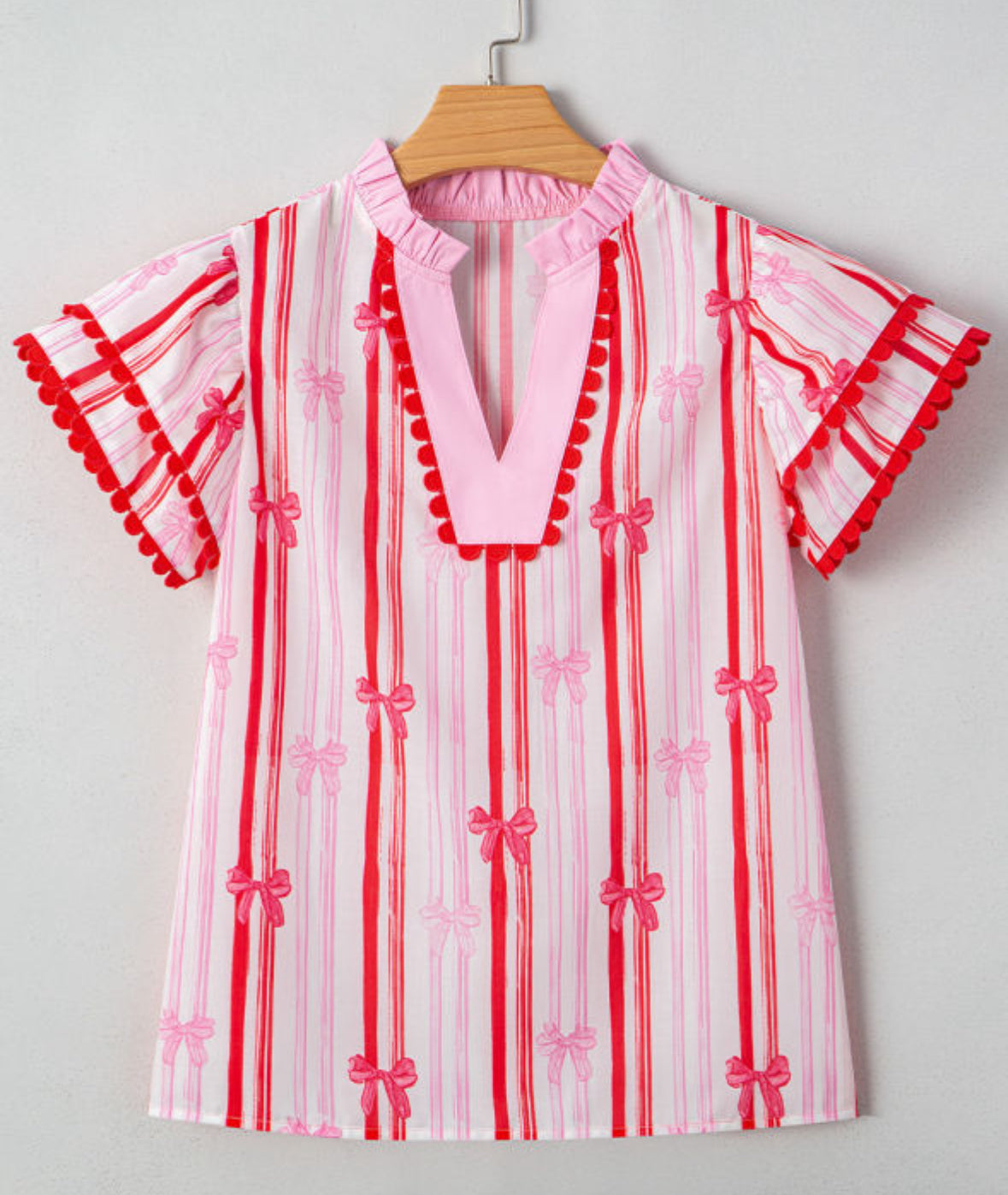 Pink and Red V-neck Bow Blouse