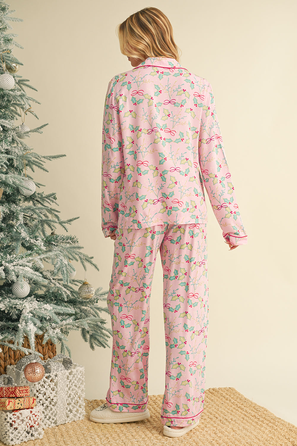 Pink Christmas Floral Bow Long Sleeve Shirt and Pants Pajama Set