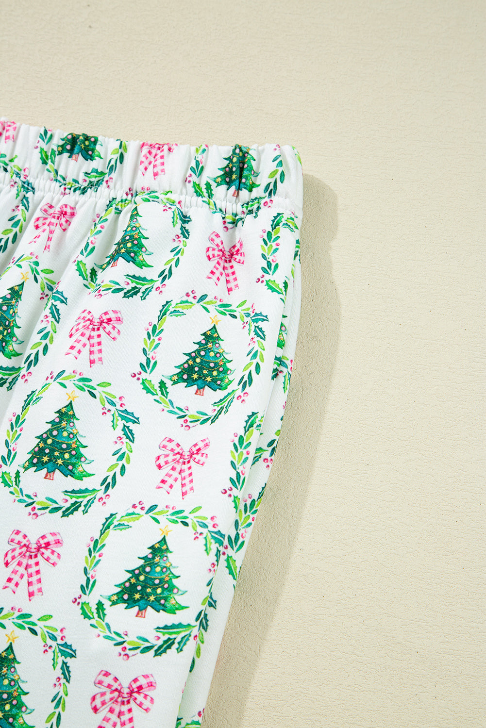 Green Bow Christmas Tree Print Contrast Striped Trim 2pcs Lounge Set