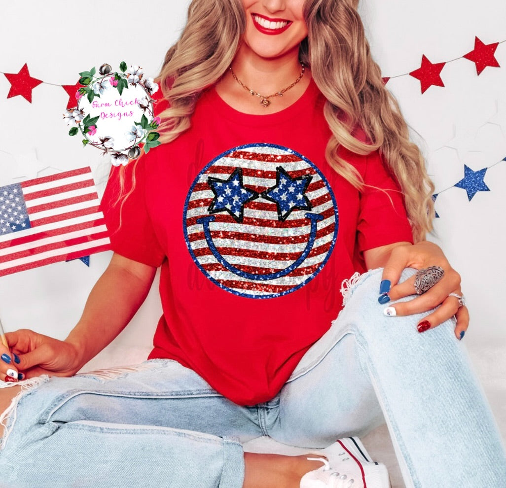 Faux Sequin Patriotic Smiley Face
