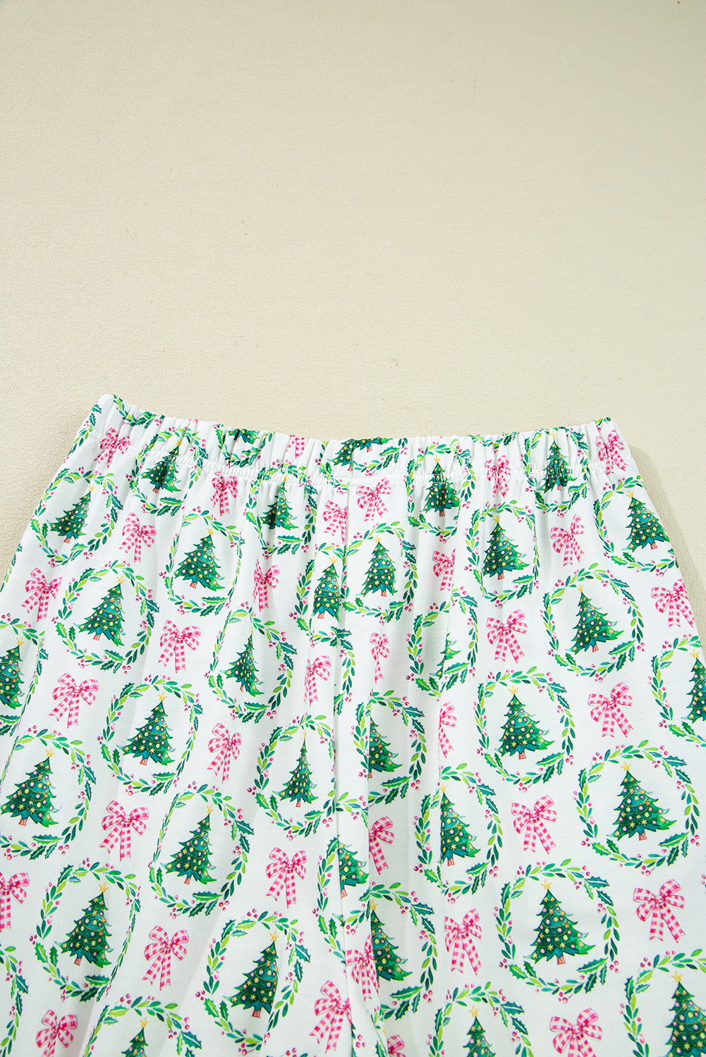 Green Bow Christmas Tree Print Contrast Striped Trim 2pcs Lounge Set