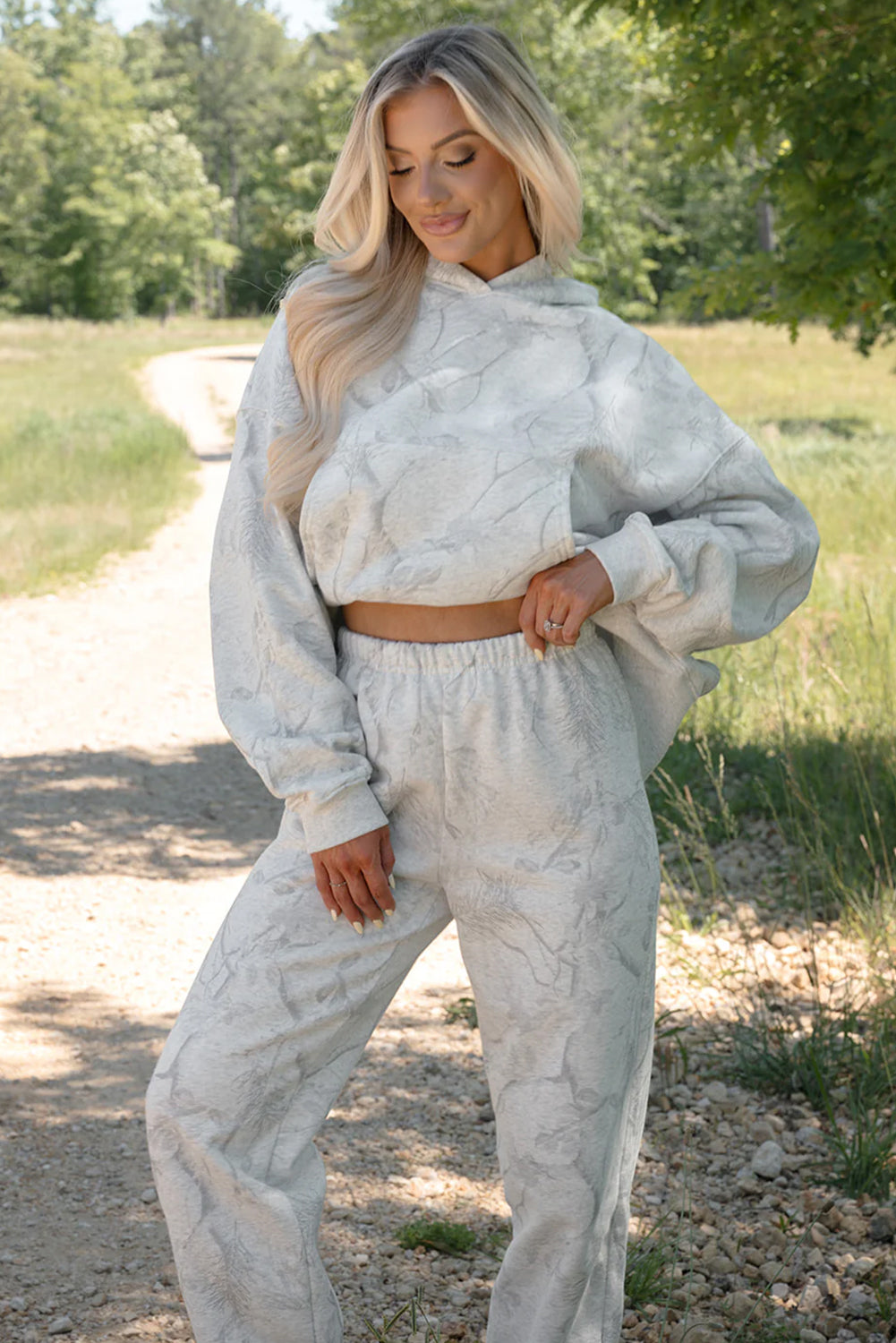 Light Grey Camo Print Loose Drop Sleeve Hoodie and Pants Set