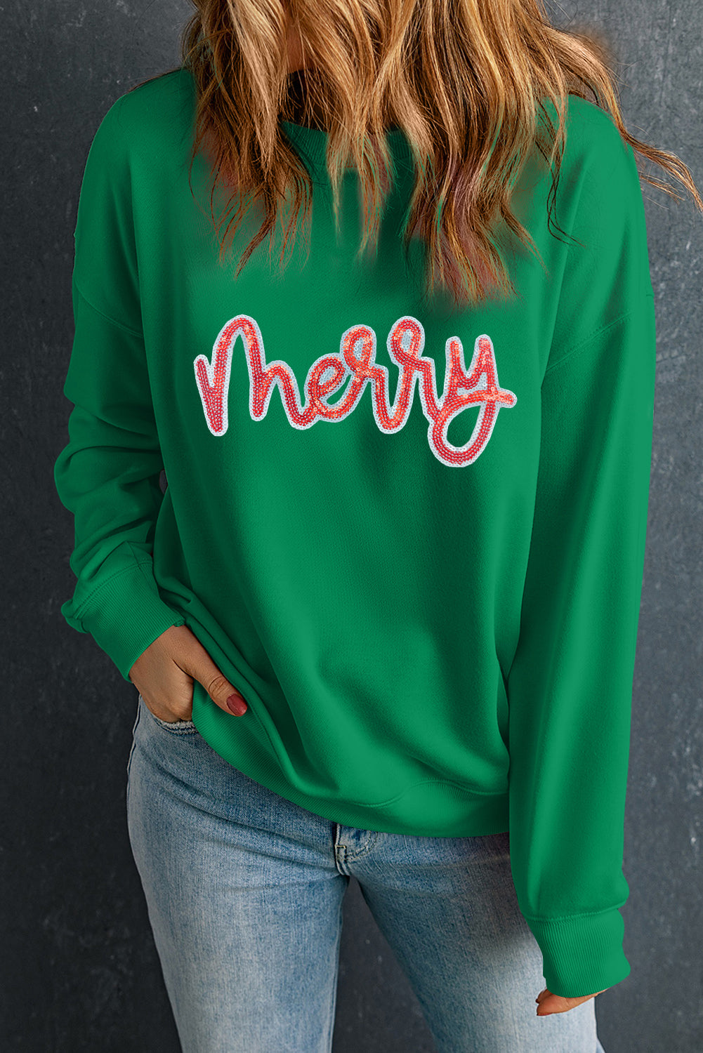 Dark Green Sequin merry Letter Patch Application Drop Shoulder Baggy Sweatshirt