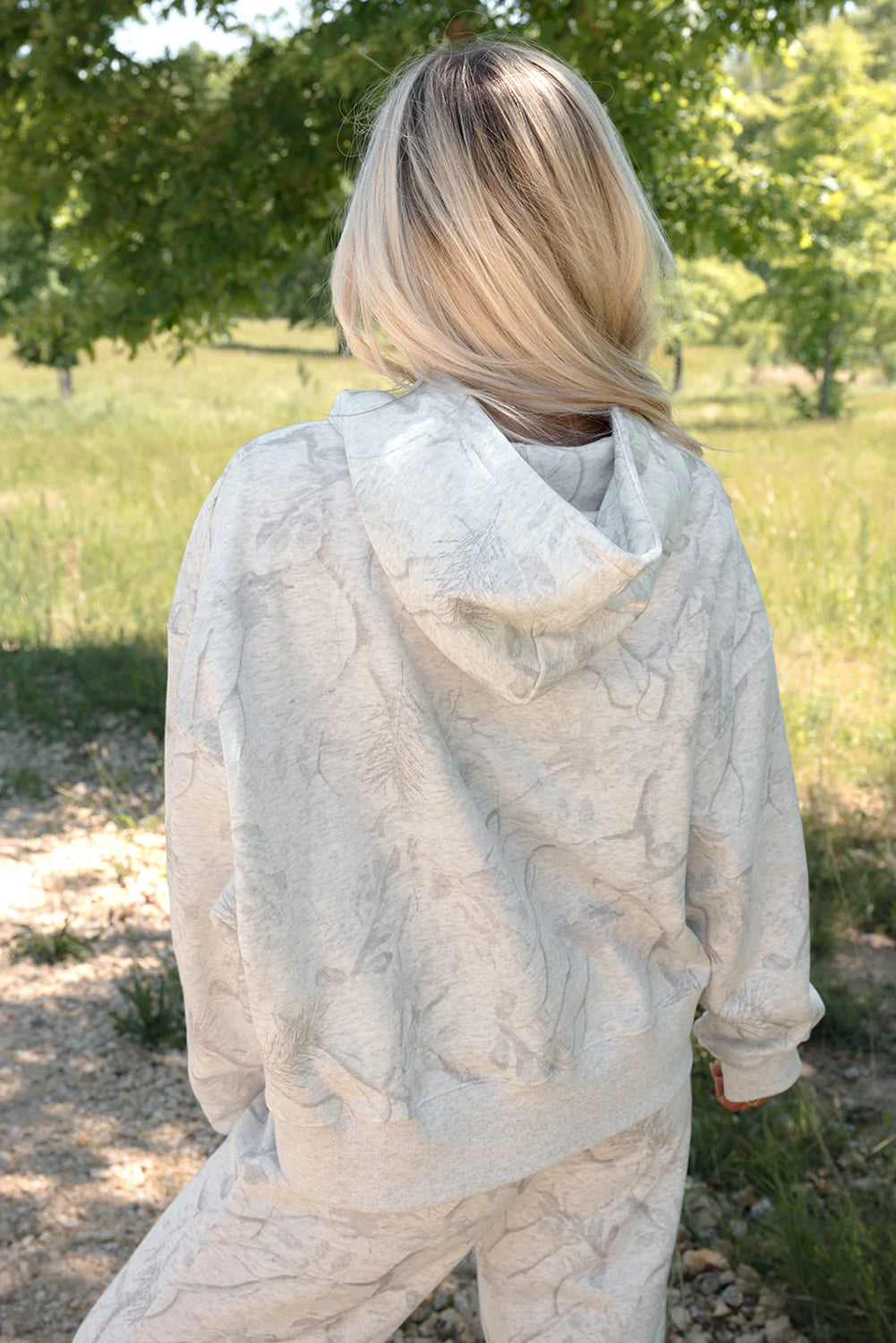 Light Grey Camo Print Loose Drop Sleeve Hoodie and Pants Set