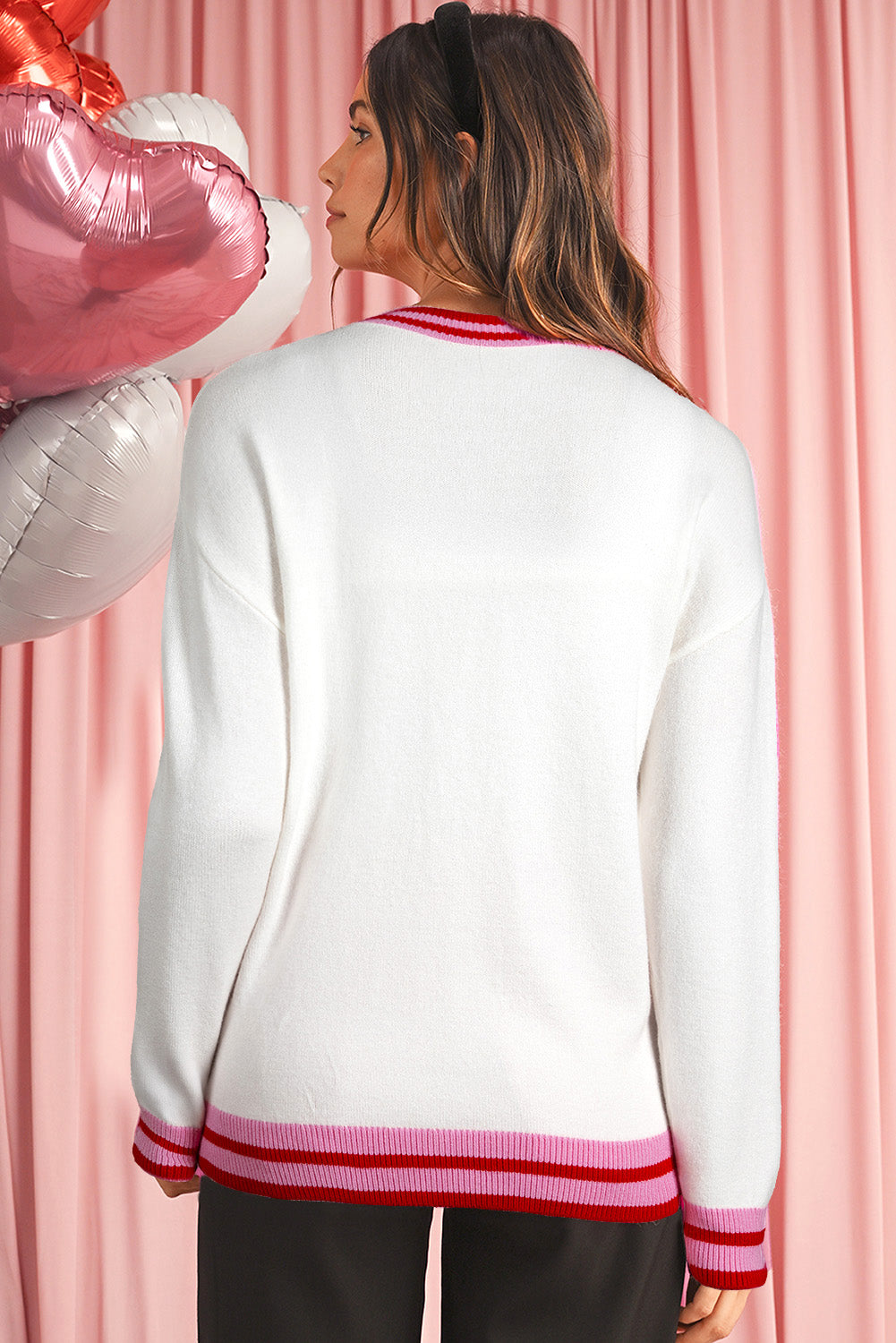 White Bow Pattern Contrast Trim Long Sleeve Sweater
