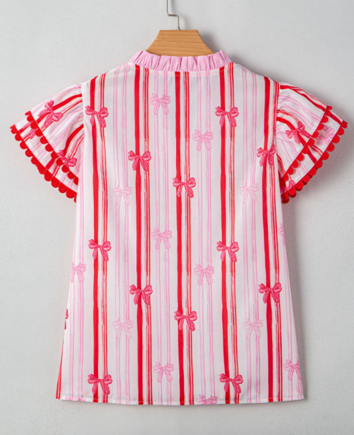 Pink and Red V-neck Bow Blouse