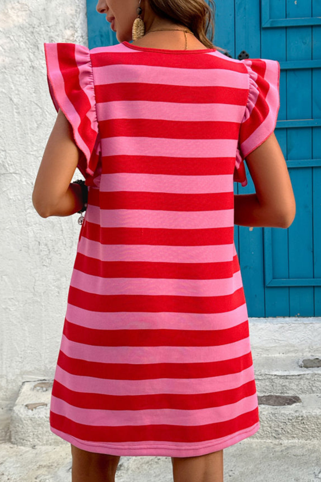 Red and Pink Stripe Flutter Sleeve Shift Dress