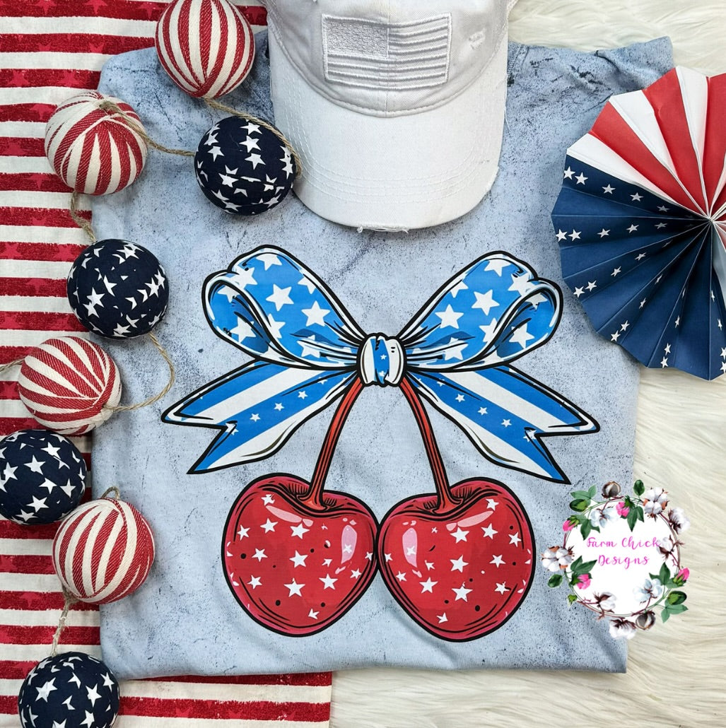 Patriotic Cherries With Bow Pigment Dyed Tee