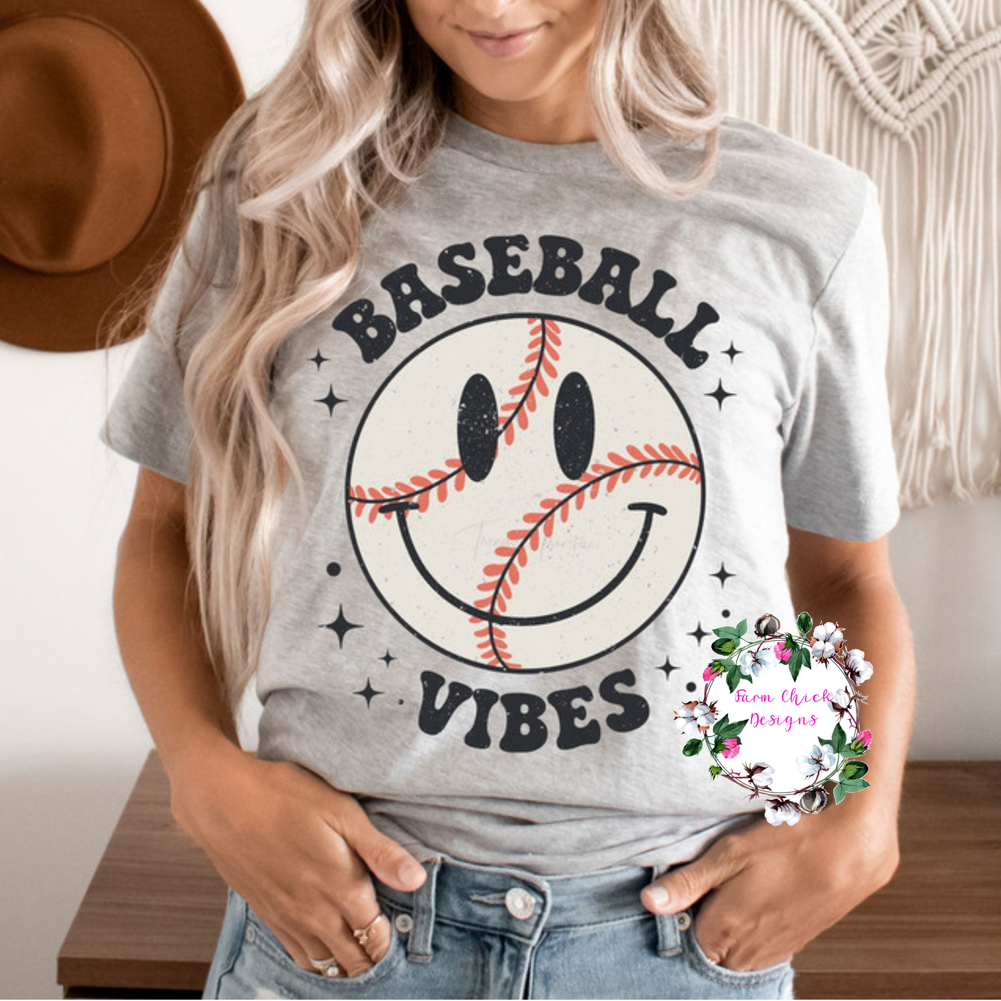 Baseball Vibes Smiley Face Tee