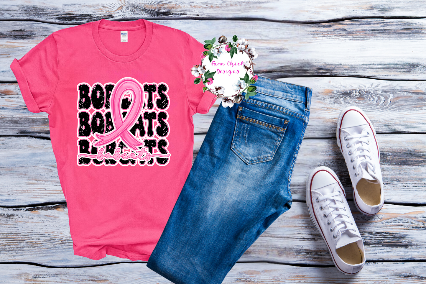 CUSTOM SCHOOL MASCOT PINK RIBBON STACK TEE