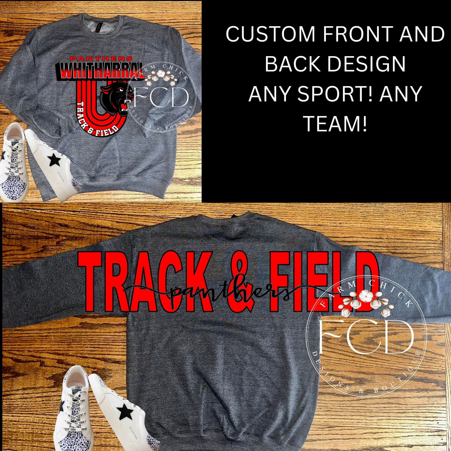 CUSTOM CREWNECK SWEATSHIRT WITH OVERSIZED TRACK AND FIELD PRINT