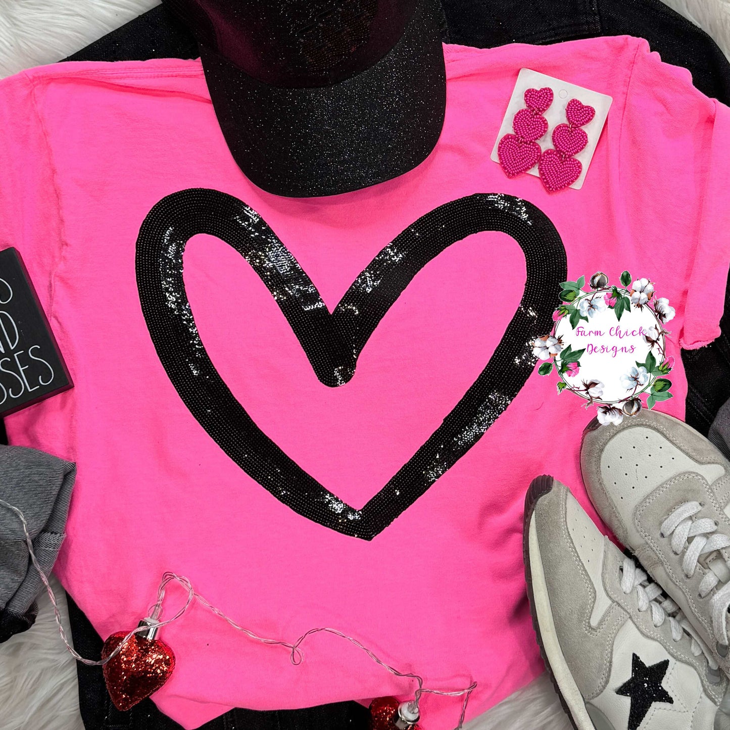 SEQUIN HEART NEON PINK TEE OR SWEATSHIRT