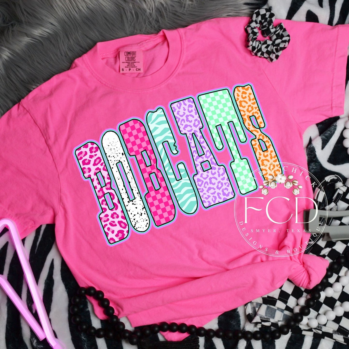 Bright Animal Print Bobcats Youth and Adult Comfort Colors Tee