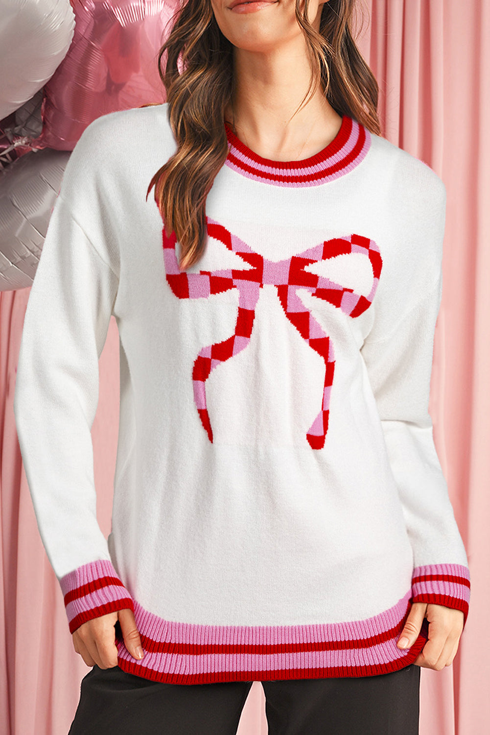 White Bow Pattern Contrast Trim Long Sleeve Sweater