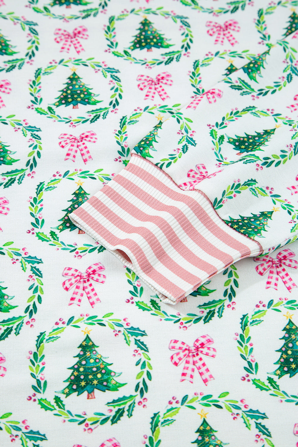 Green Bow Christmas Tree Print Contrast Striped Trim 2pcs Lounge Set