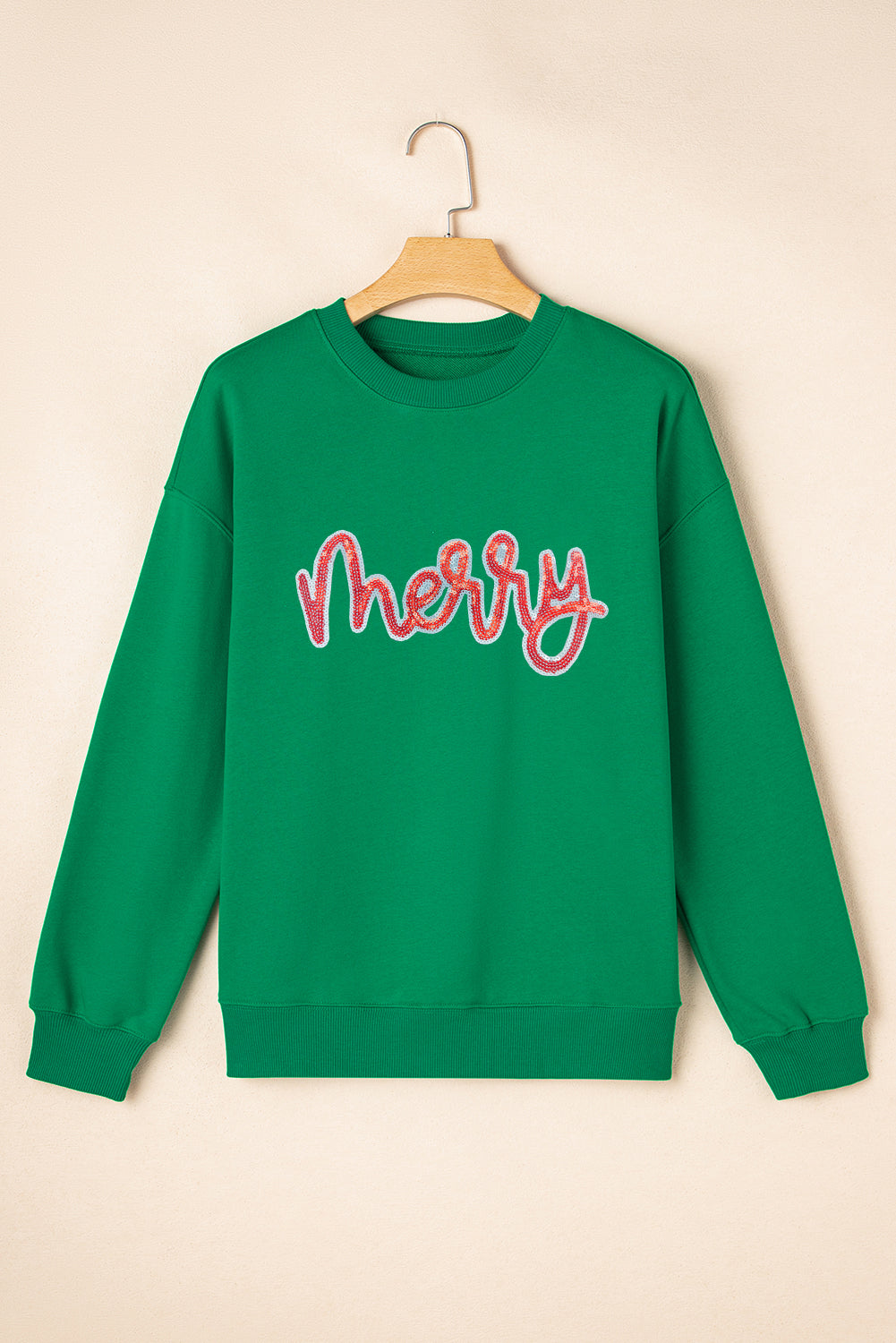 Dark Green Sequin merry Letter Patch Application Drop Shoulder Baggy Sweatshirt