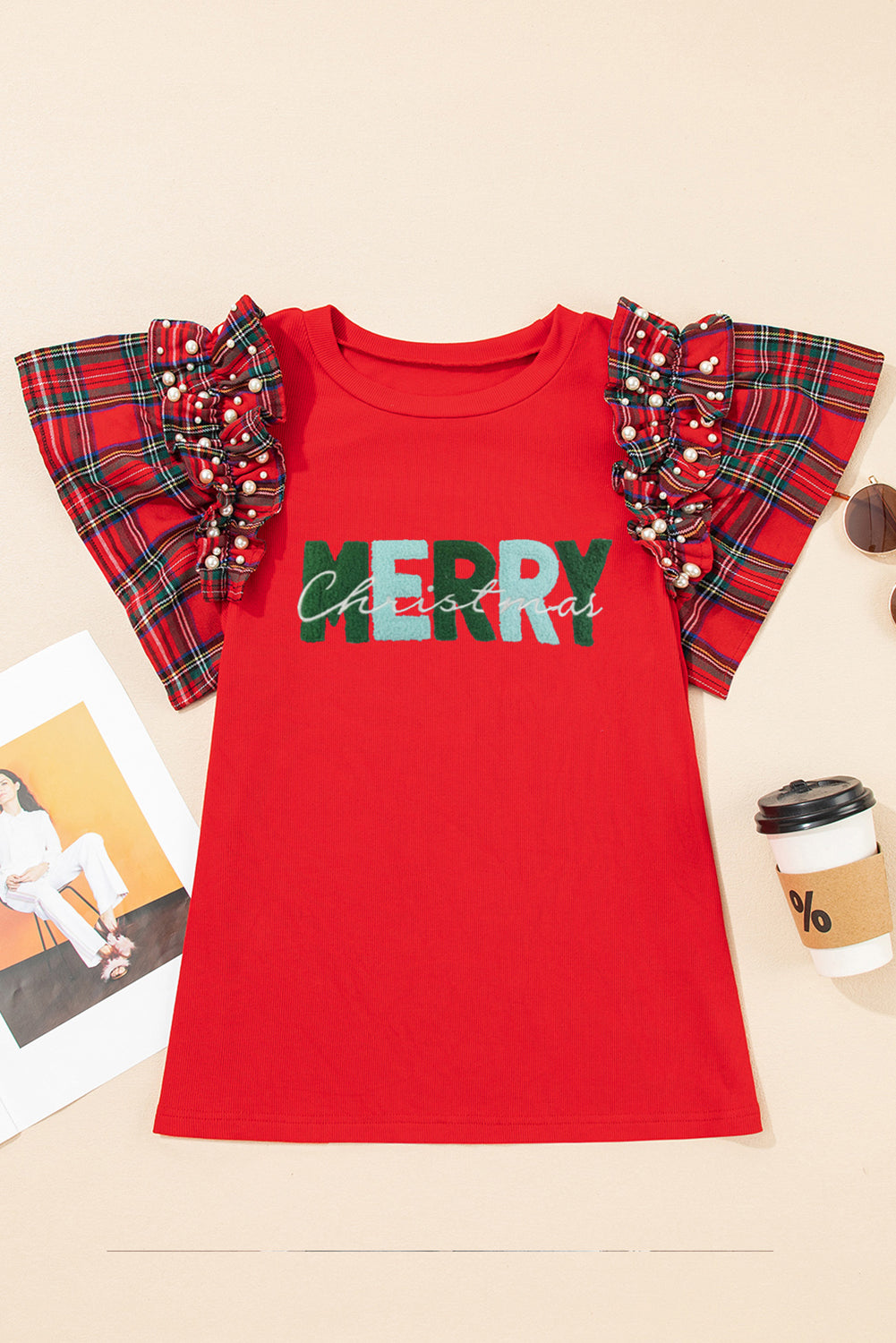 Christmas Pearled Plaid Ruffled Sleeve Patchwork Tee