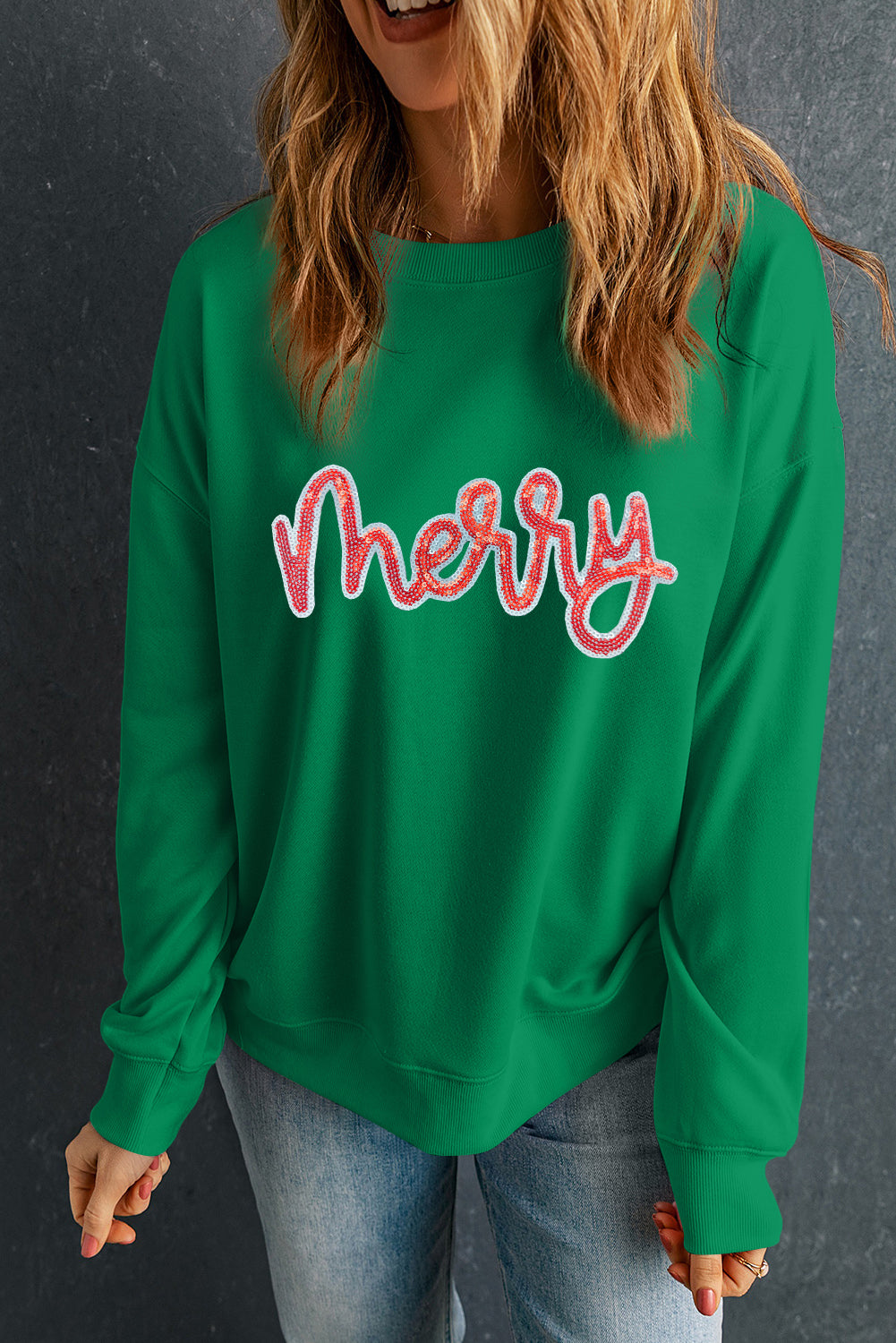 Dark Green Sequin merry Letter Patch Application Drop Shoulder Baggy Sweatshirt