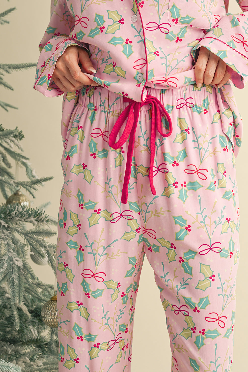 Pink Christmas Floral Bow Long Sleeve Shirt and Pants Pajama Set