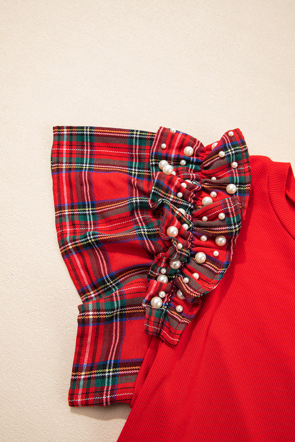 Christmas Pearled Plaid Ruffled Sleeve Patchwork Tee