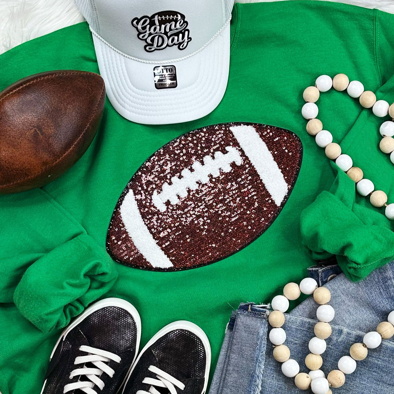 Sequin Football Patch Crewneck Sweatshirt