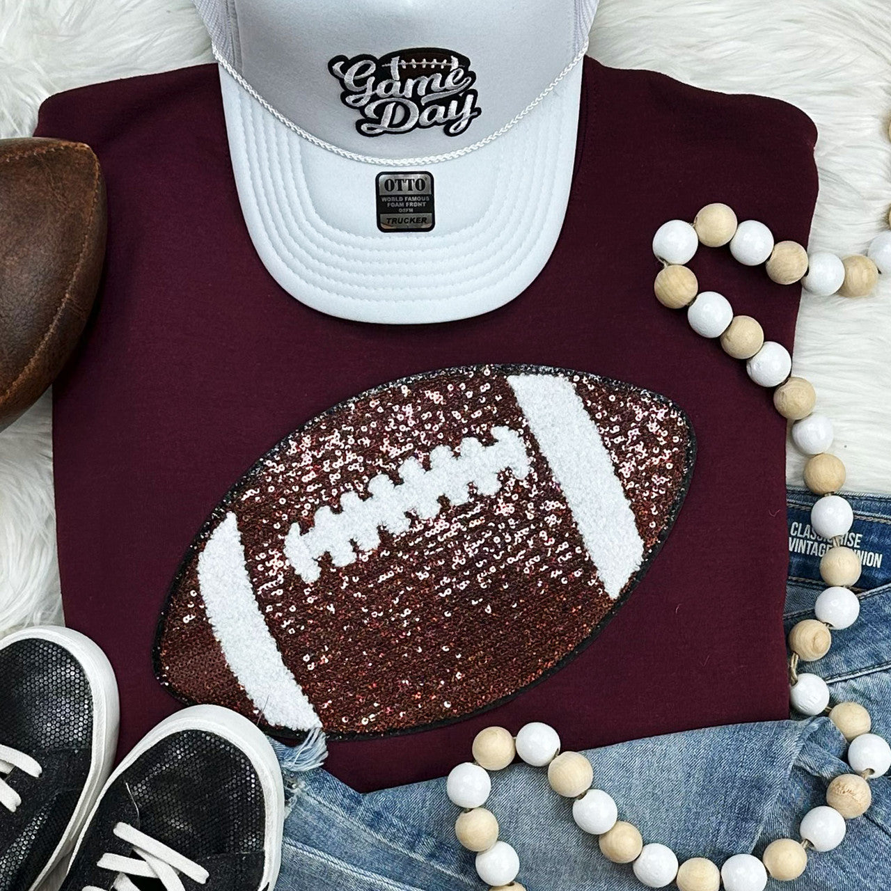 Sequin Football Patch Crewneck Sweatshirt