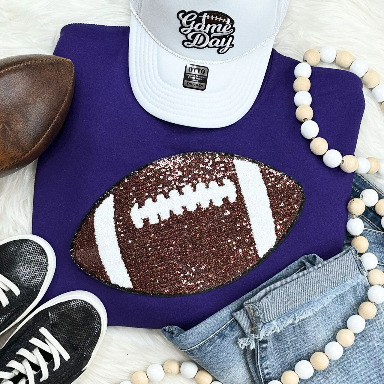 Sequin Football Patch Crewneck Sweatshirt