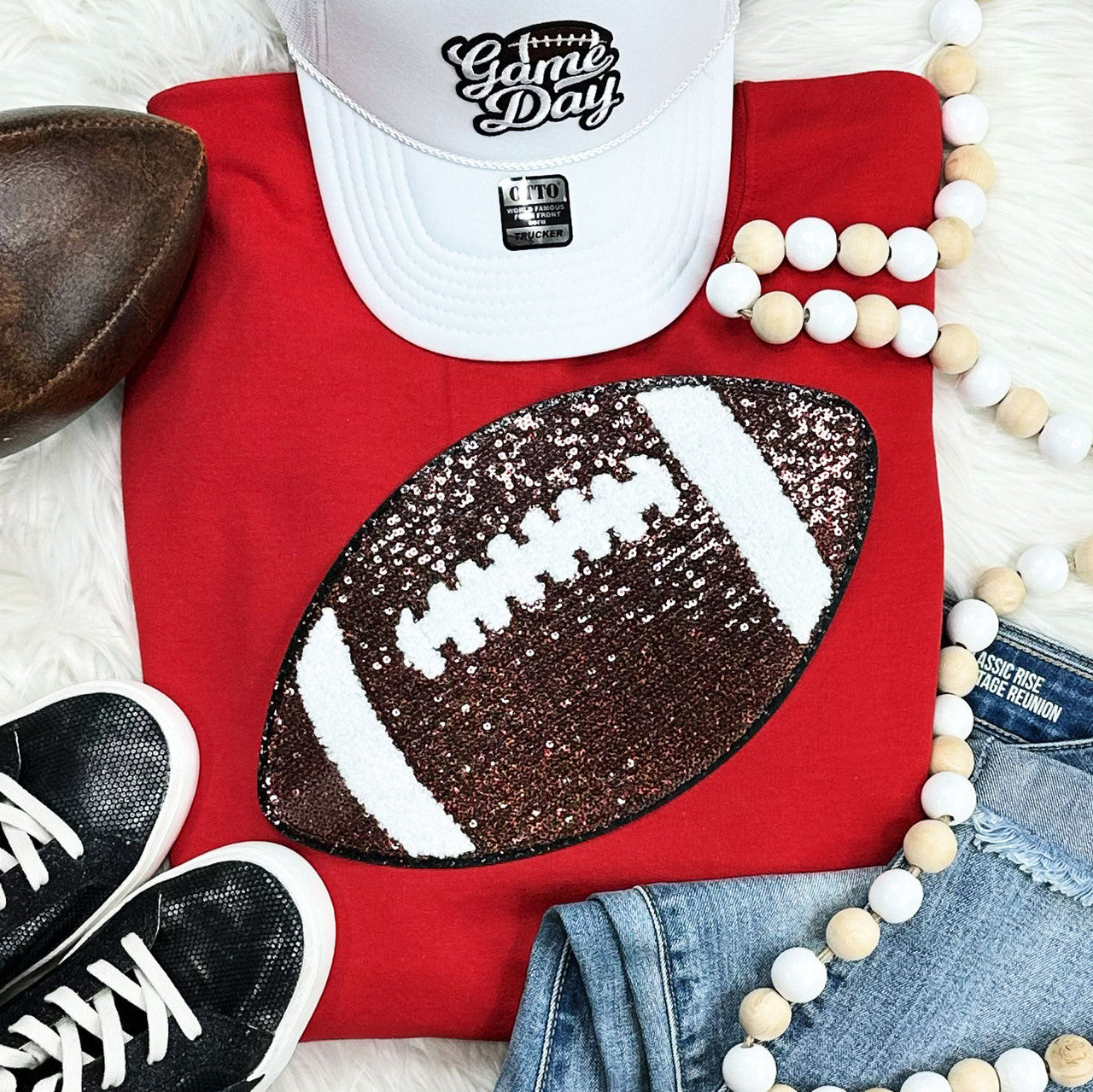 Sequin Football Patch Crewneck Sweatshirt