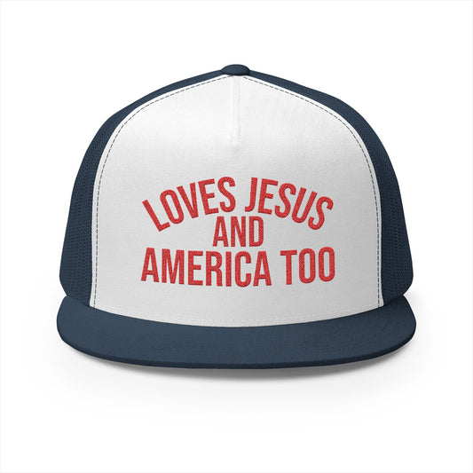 Loves Jesus and America Too  Patriotic Faith Mesh Cap