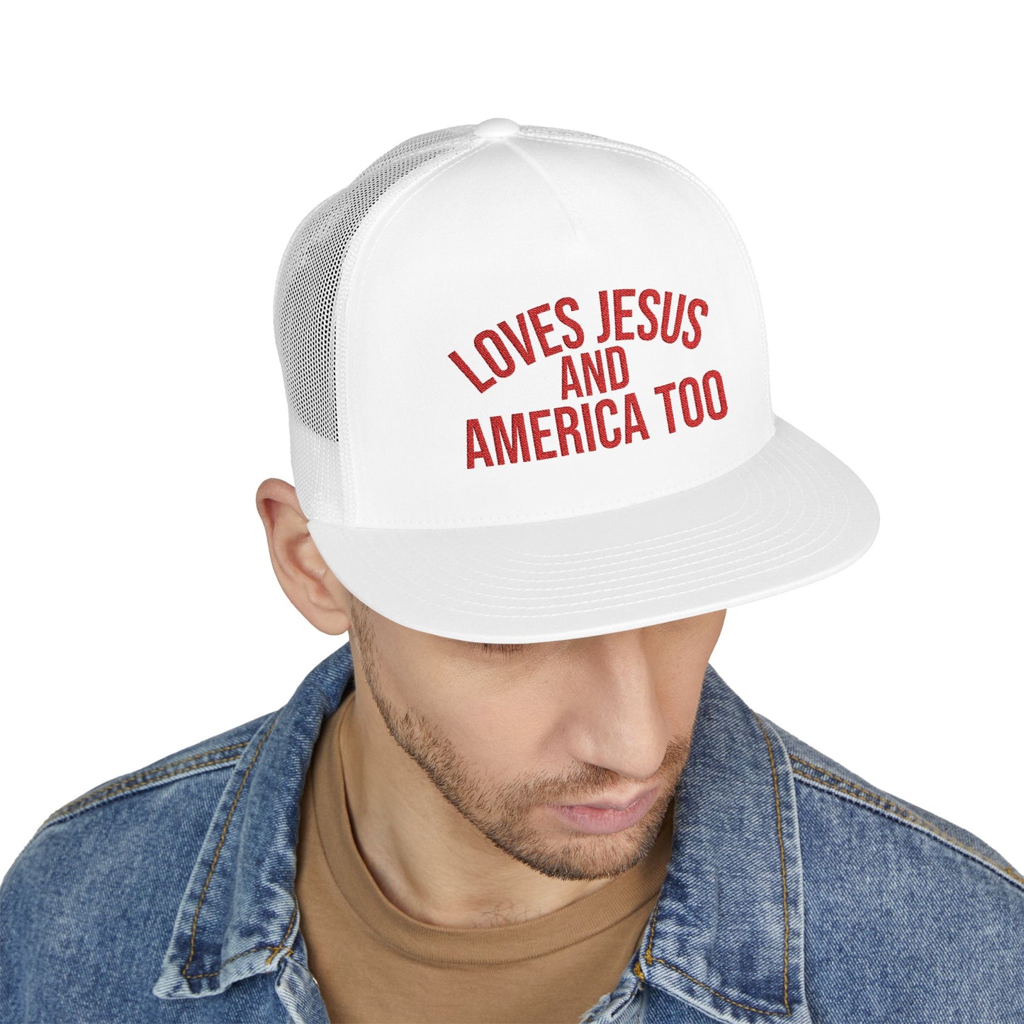 Loves Jesus and America Too  Patriotic Faith Mesh Cap