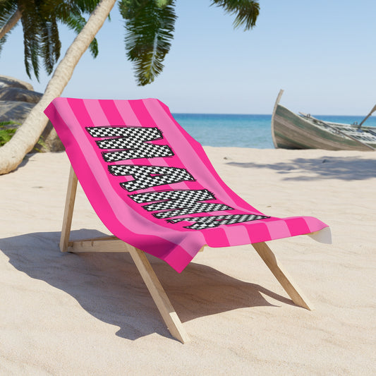 Mama Pink Striped Beach Towel — Bold Checkerboard Text