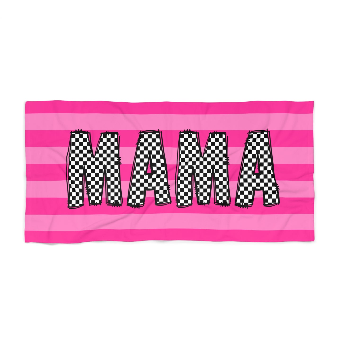 Mama Pink Striped Beach Towel — Bold Checkerboard Text
