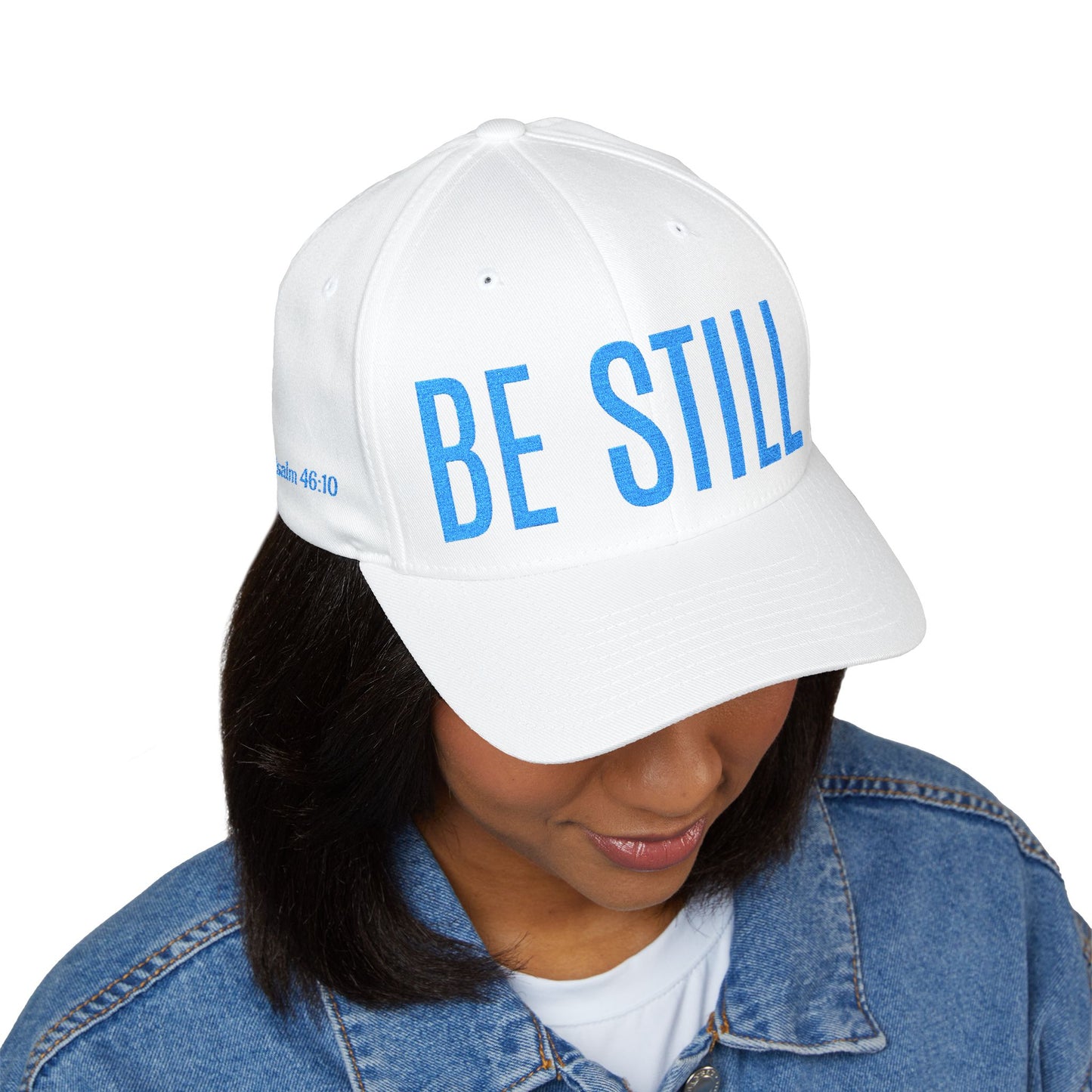 Embroidered 'BE STILL' Baseball Cap — White Relaxation Hat