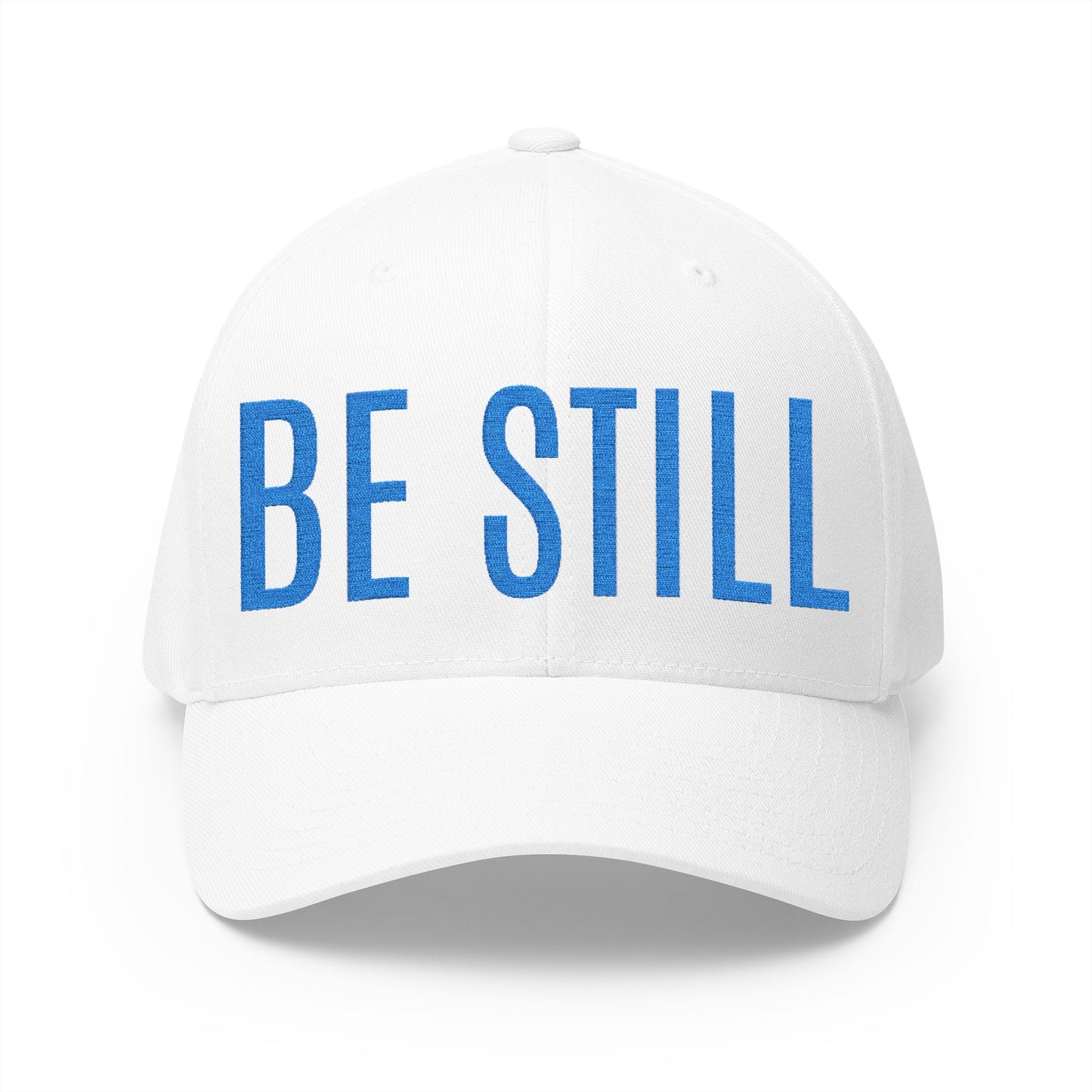 Embroidered 'BE STILL' Baseball Cap — White Relaxation Hat
