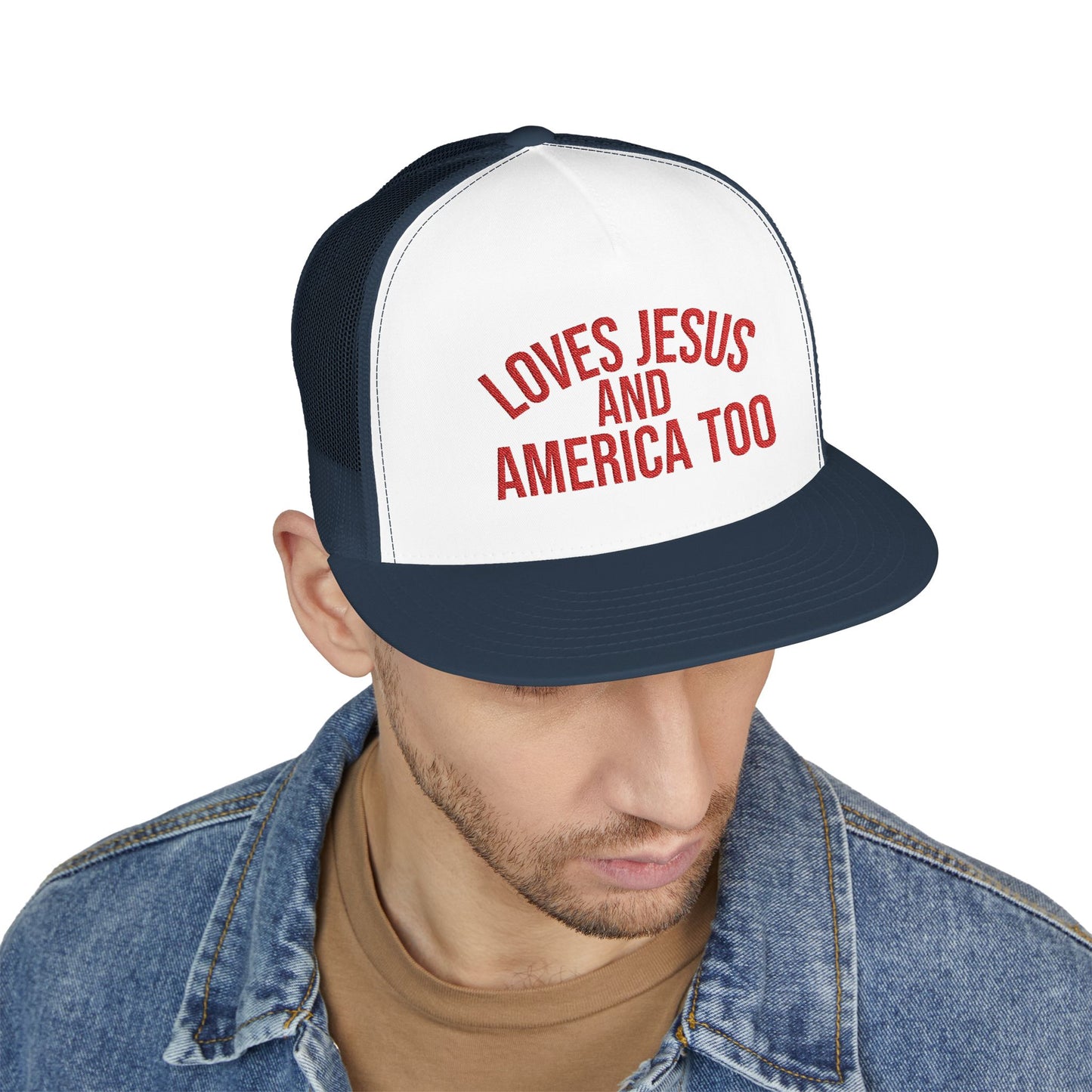 Loves Jesus and America Too  Patriotic Faith Mesh Cap