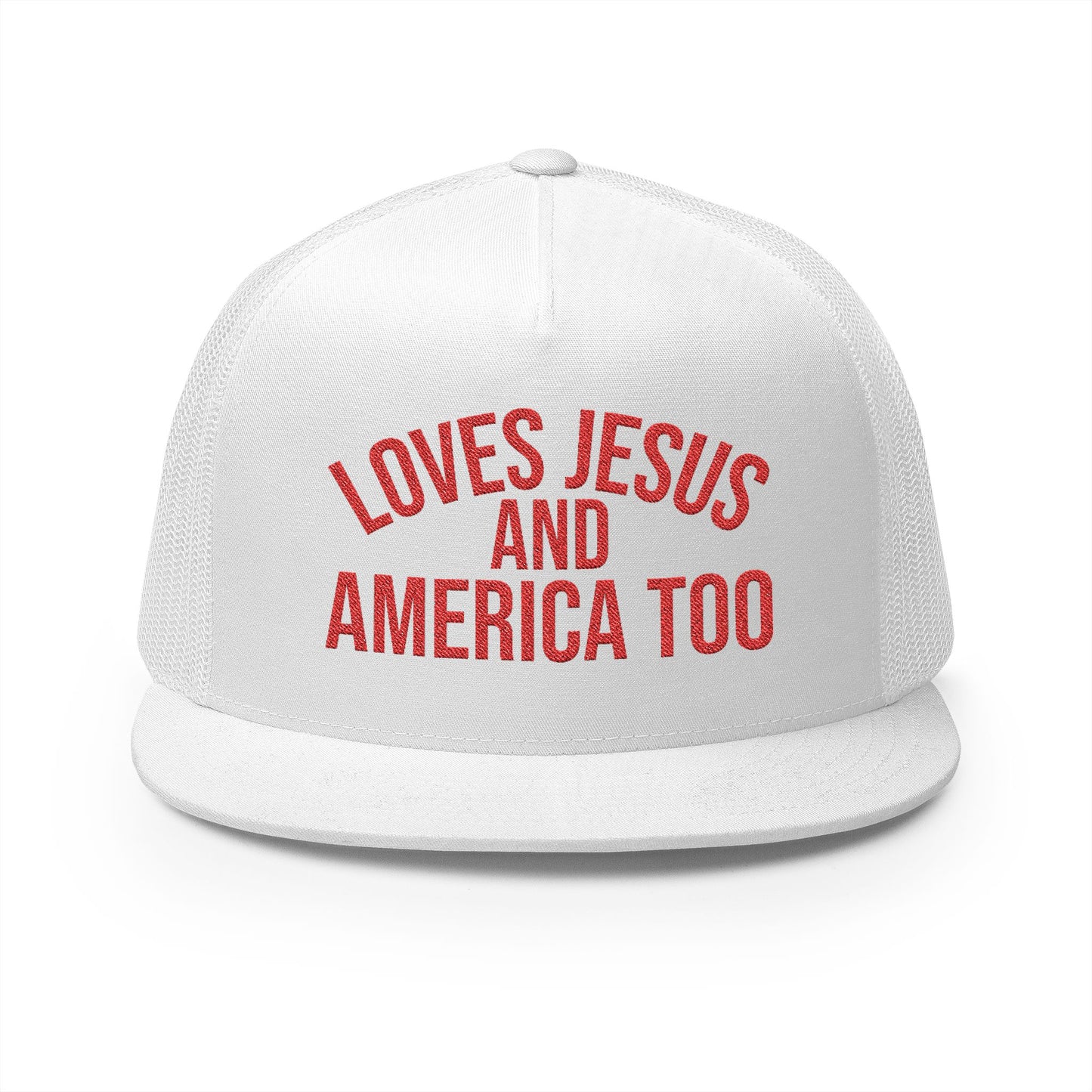 Loves Jesus and America Too  Patriotic Faith Mesh Cap
