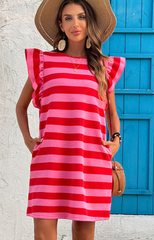 Red and Pink Stripe Flutter Sleeve Shift Dress