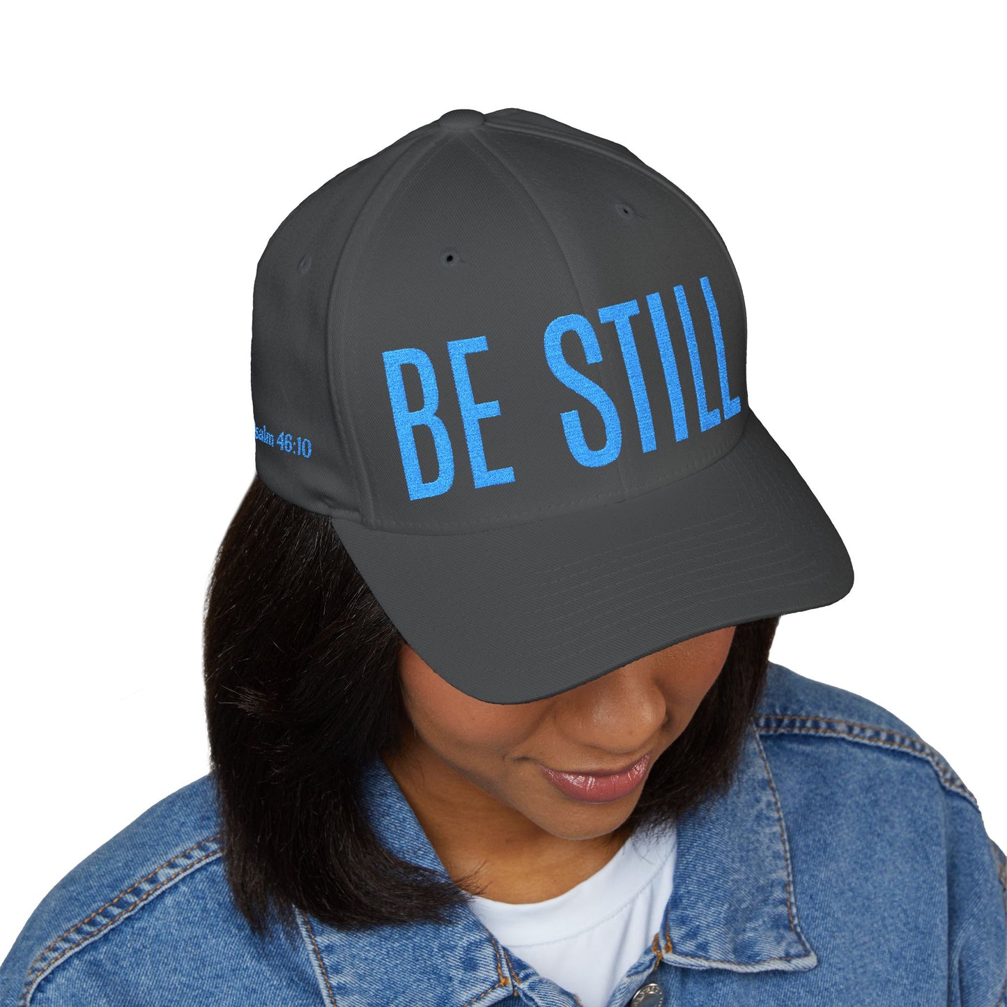 Embroidered 'BE STILL' Baseball Cap — White Relaxation Hat