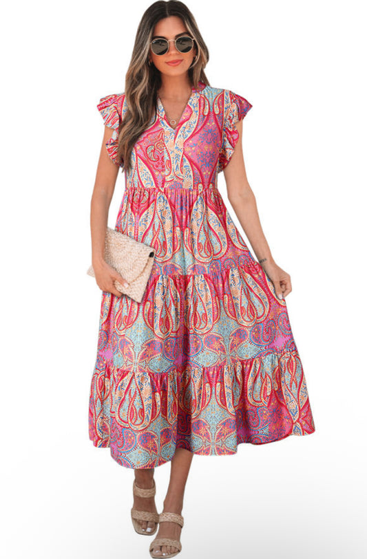 Paisley Print Ruffle Sleeve Midi Dress