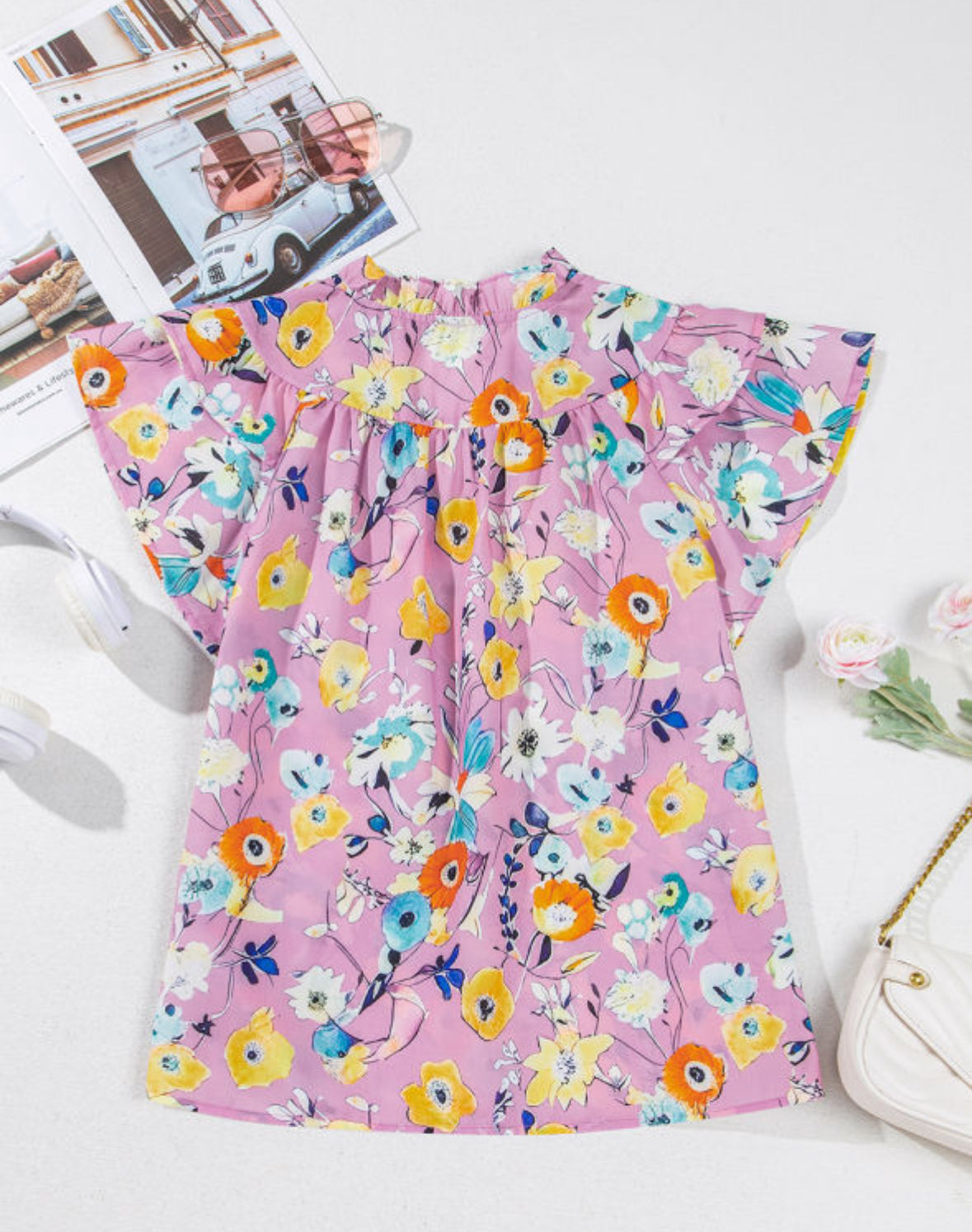Pink Flutter Sleeve Vneck Floral Top