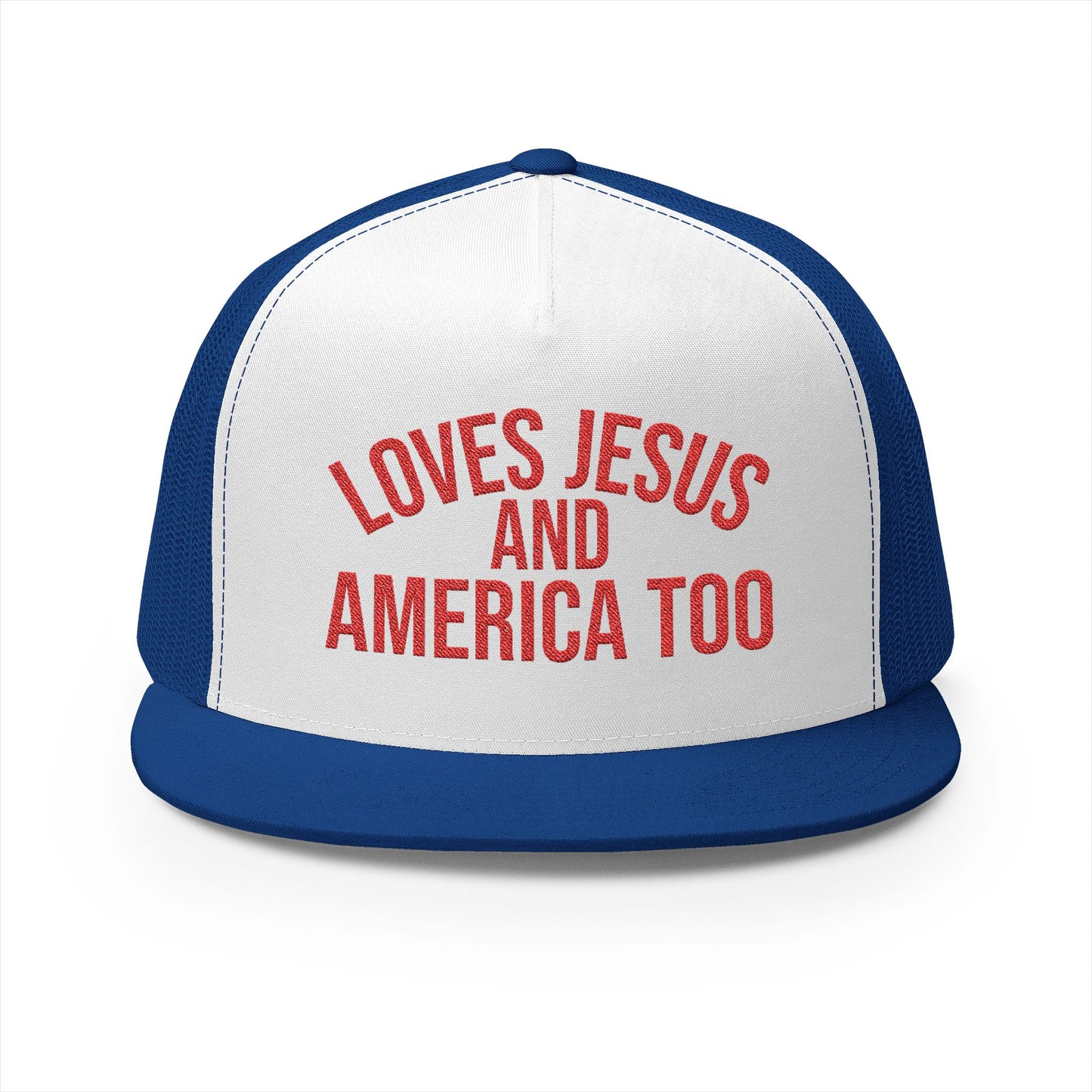 Loves Jesus and America Too  Patriotic Faith Mesh Cap