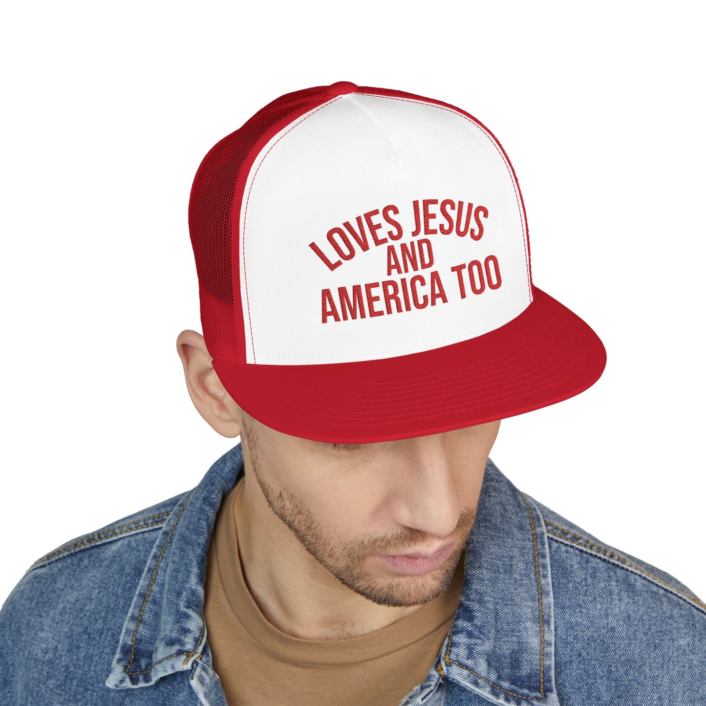 Loves Jesus and America Too  Patriotic Faith Mesh Cap