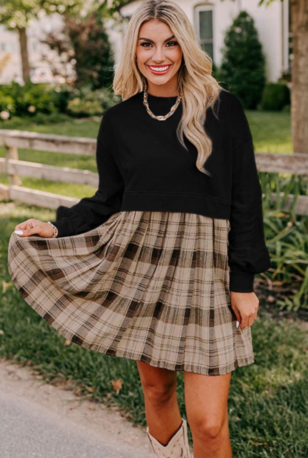 Latte Plaid Mini Dress