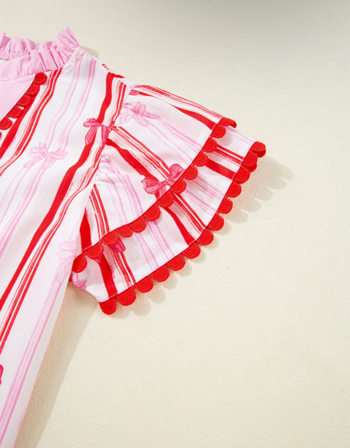 Pink and Red V-neck Bow Blouse