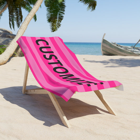 Custom Pink Striped Beach Towel — Personalized 'CUSTOMIZE' Bold Text