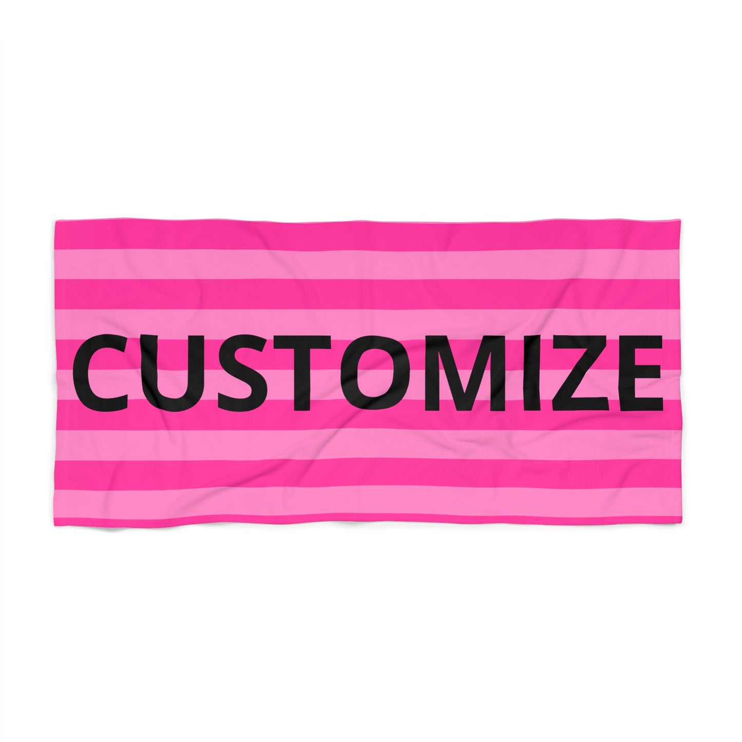 Custom Pink Striped Beach Towel — Personalized 'CUSTOMIZE' Bold Text