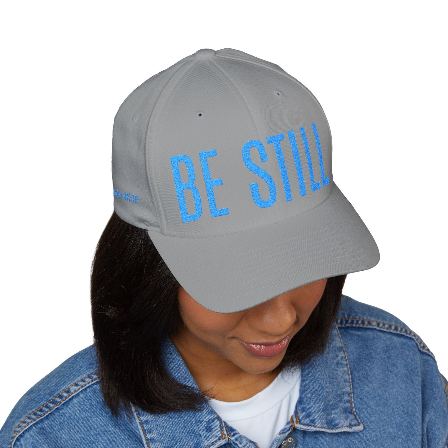 Embroidered 'BE STILL' Baseball Cap — White Relaxation Hat