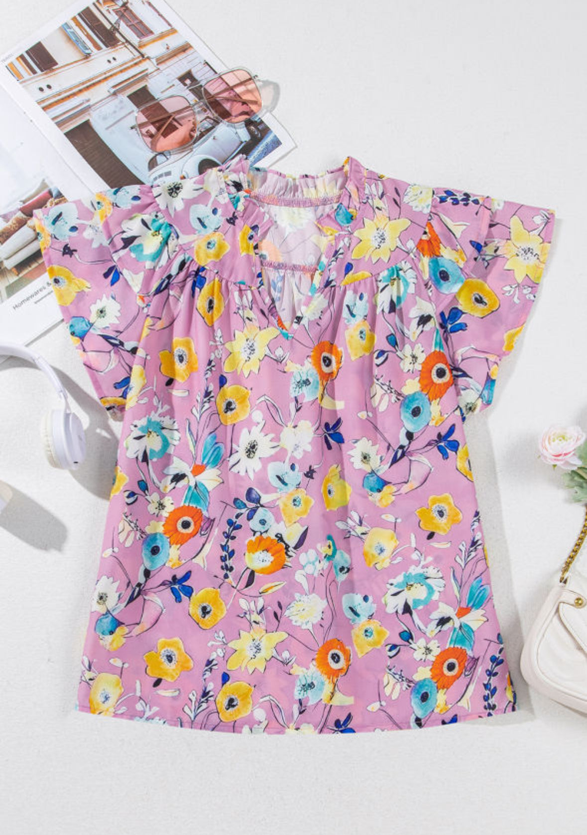 Pink Flutter Sleeve Vneck Floral Top