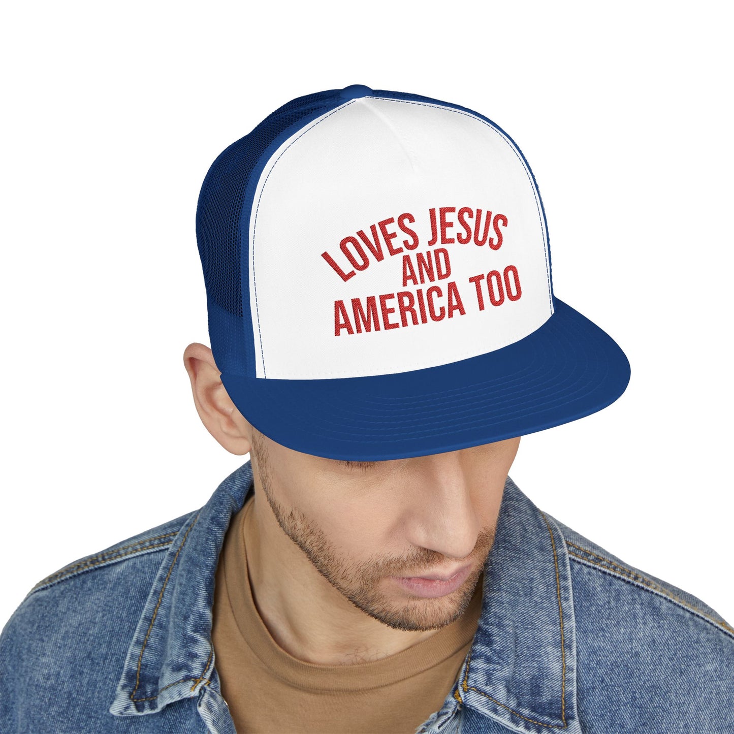 Loves Jesus and America Too  Patriotic Faith Mesh Cap