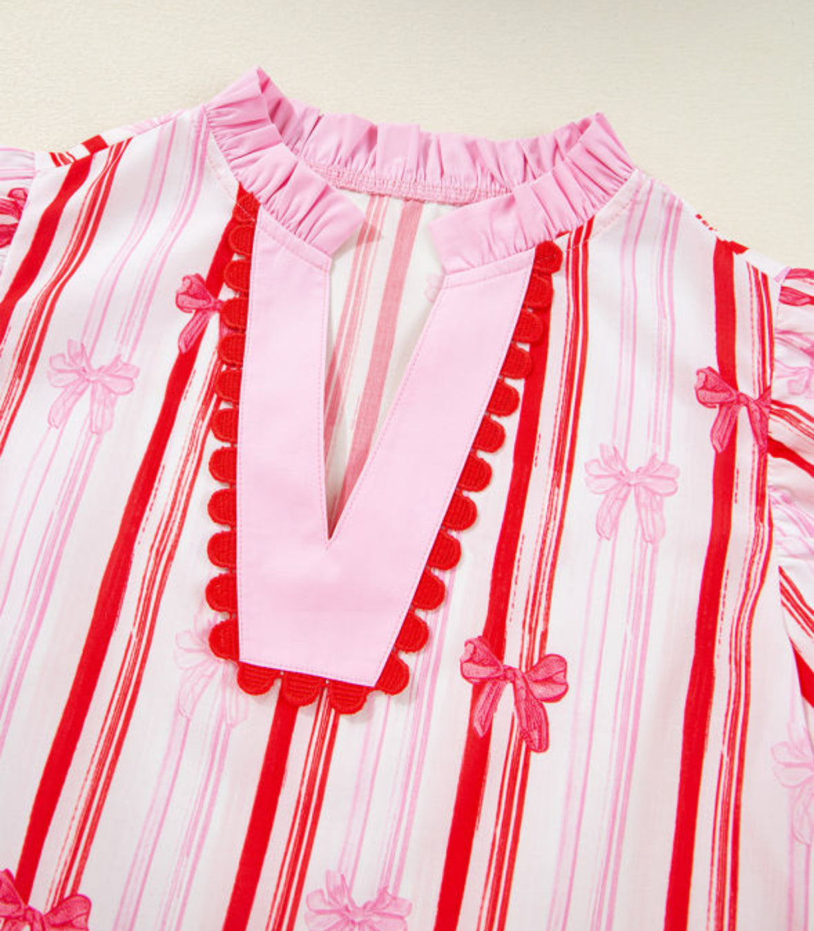 Pink and Red V-neck Bow Blouse